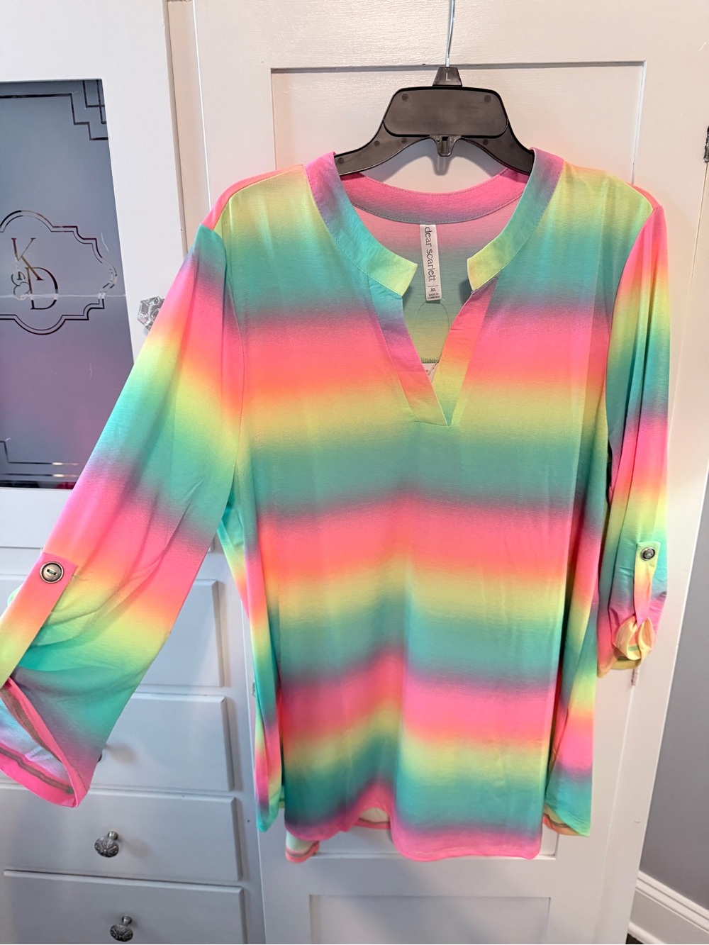 Pastel Rainbow Stripe V-Neck Tunic Top - Pink & Teal